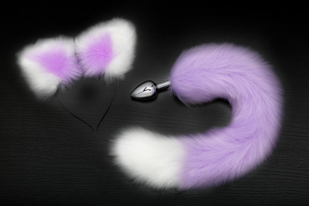 Анальная пробка с хвостом и ушками (фиолетовый с белым) 7 см
