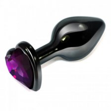 Анальная пробка черного цвета с ярким кристаллом фиолетового цвета в форме сердечка размер S