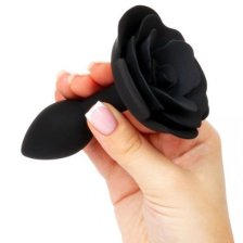 Черная силиконовая анальная пробка с розой S