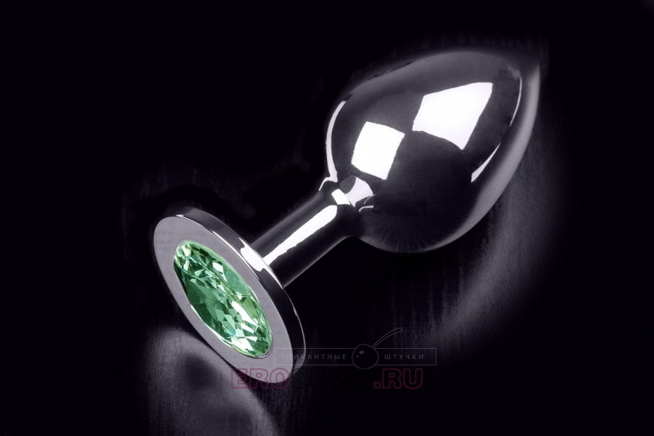 Большая анальная пробка с кристаллом, серебристая, зеленый кристалл